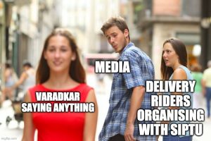 Distracted Boyfriend labelled Media looks at 'Varadkar saying anything' instead of paying attention to 'Delivery Riders Organising with SIPTU'