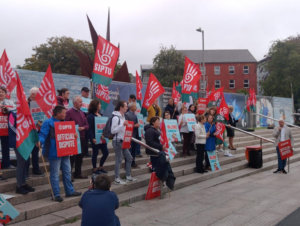 Community Workers in Galway protesting in Eyre Square during SIPTU Community Sector's 24-hour work stoppage