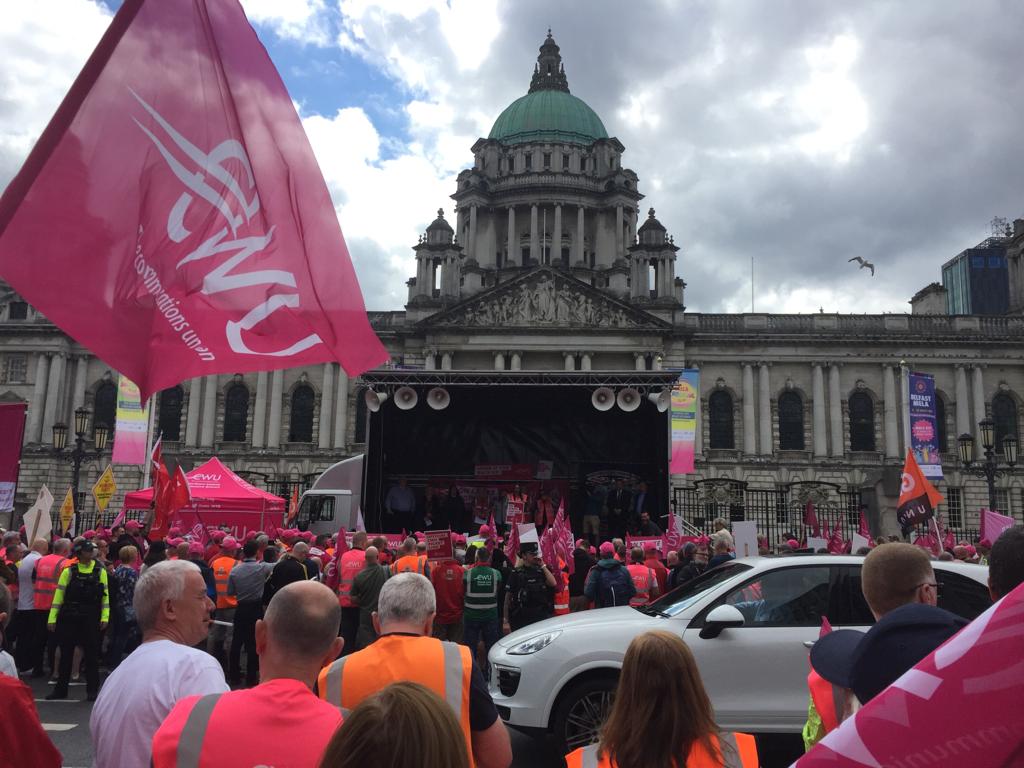 CWU Flag Flys over Trade Union Rally At Belfast City Hall