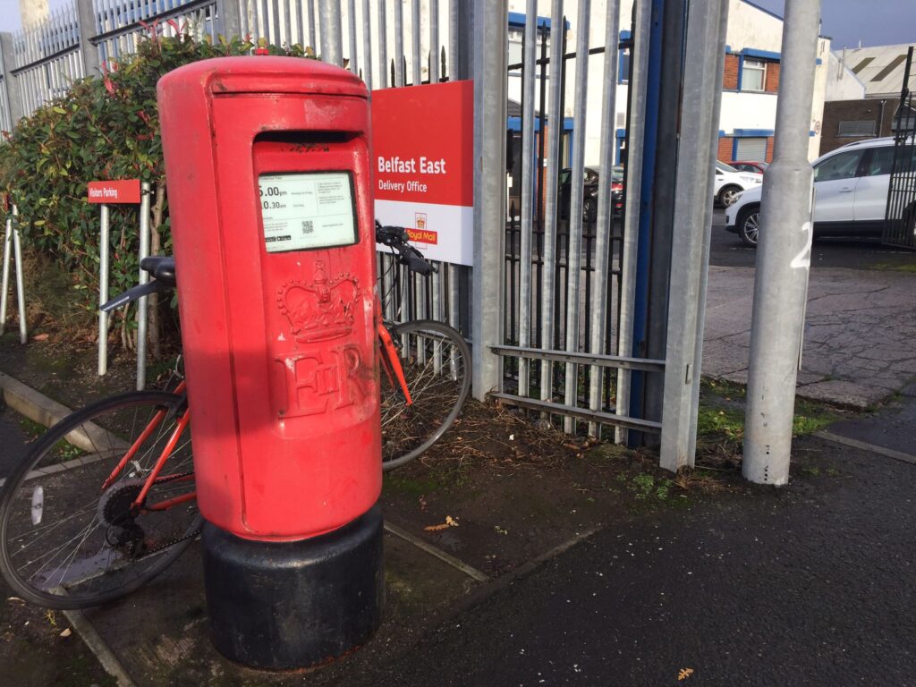 The Postbox standing in front of the Belfast East Royal Mail Centre