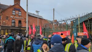 Unite and GMB Members on pickets at bus yards in Belfast 1 December 2023